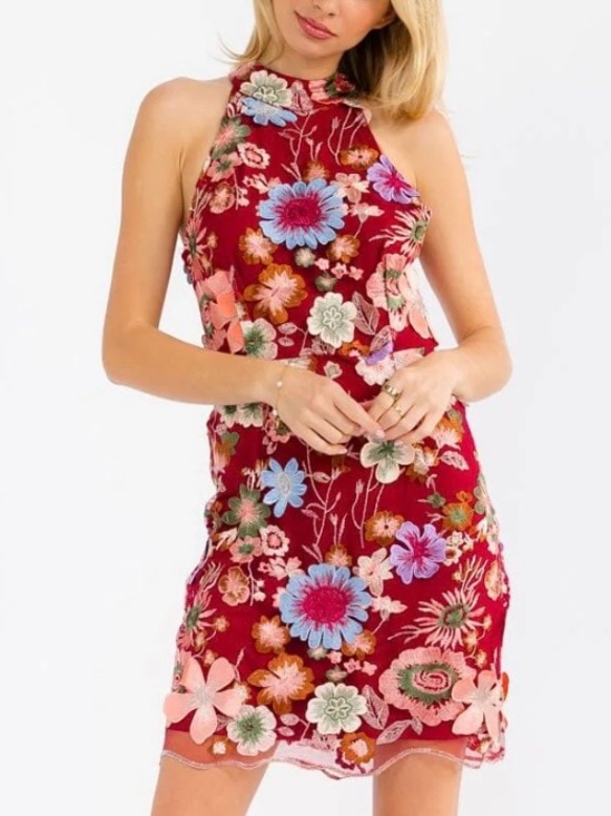 ENTRO Dresses & Skirts - RACER TOP FITTED BURGUNDY MINI DRESS WITH 3D MULTI-COLORED FLORAL DETAILS